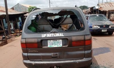 A car destroyed by armed political thugs in Kogi