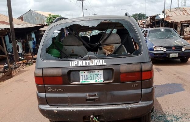 A car destroyed by armed political thugs in Kogi